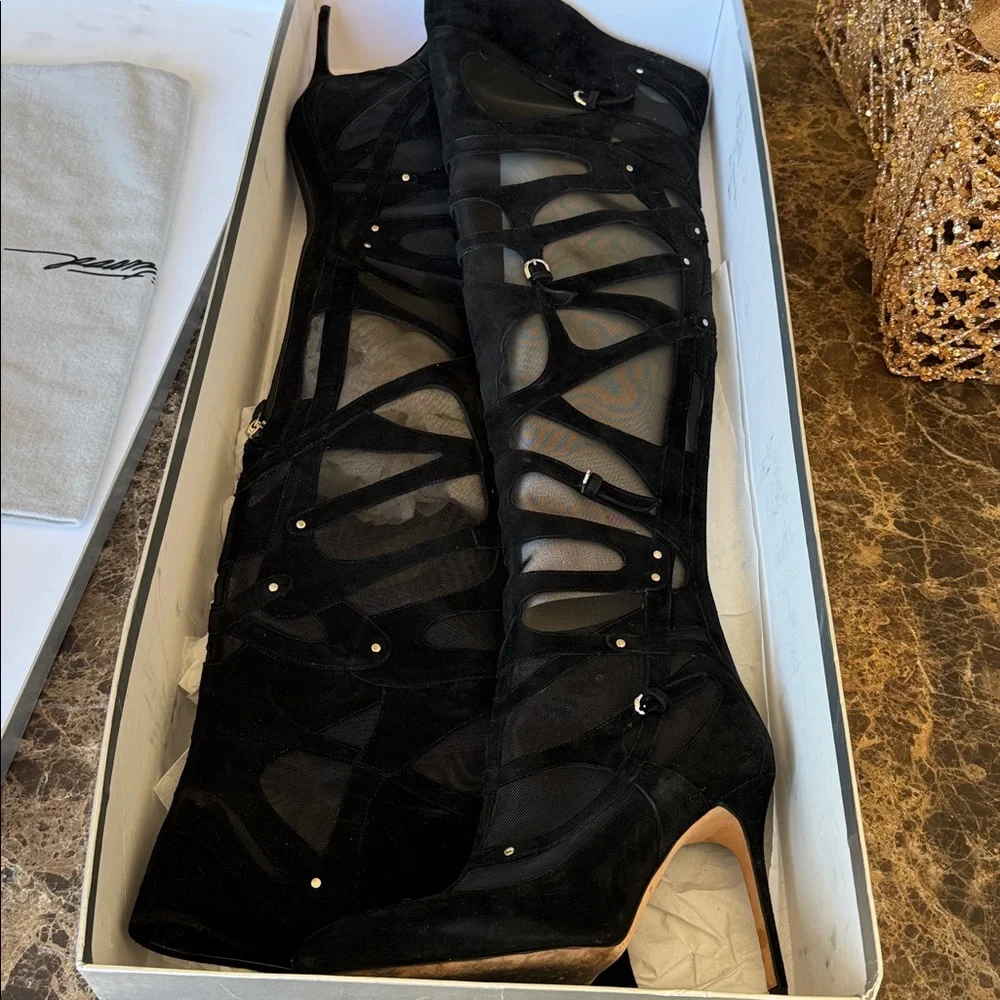 Brian Atwood black suede mesh thigh high over knee OTK boot zipper sz 38.5